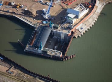 An aerial view of the tidal barrier at Ipswich