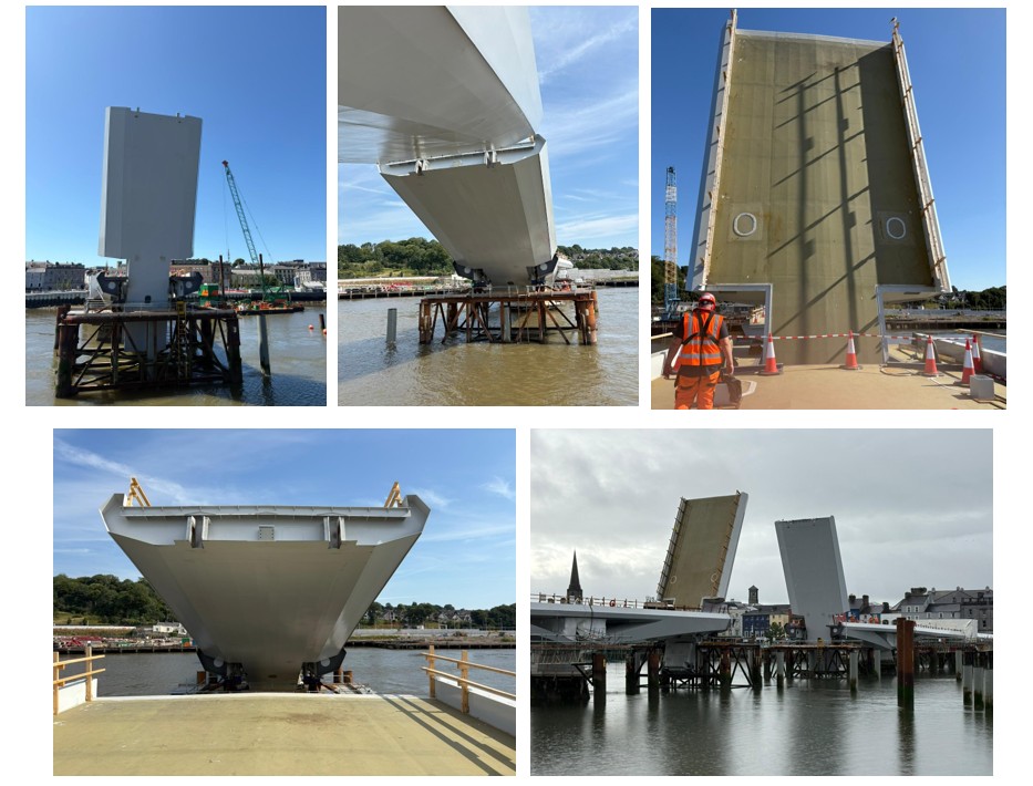 Waterford Sustainable Transport Bridge pictured from various angles with bascule leaves open against a blue sky.