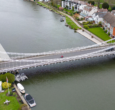 Aerial view of Marlow Suspension Bridge on the River Thames, Marlow, Buckinghamshire. UK.