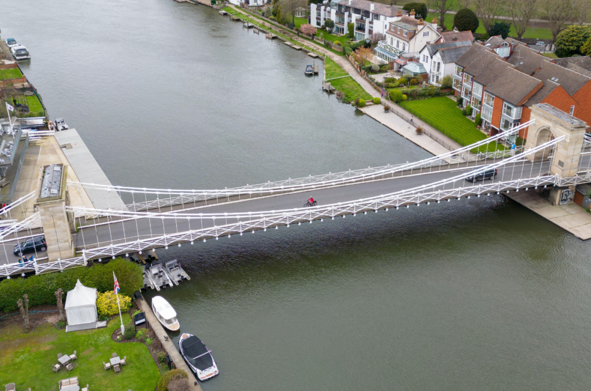Aerial view of Marlow Suspension Bridge on the River Thames, Marlow, Buckinghamshire. UK.