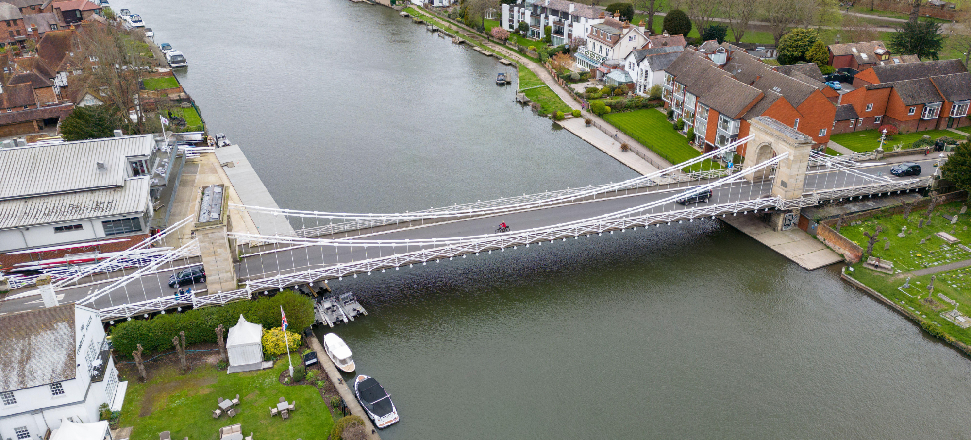Aerial view of Marlow Suspension Bridge on the River Thames, Marlow, Buckinghamshire. UK.