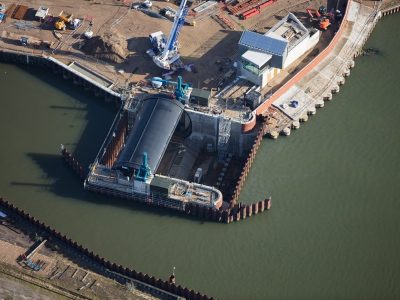 An aerial view of the tidal barrier at Ipswich