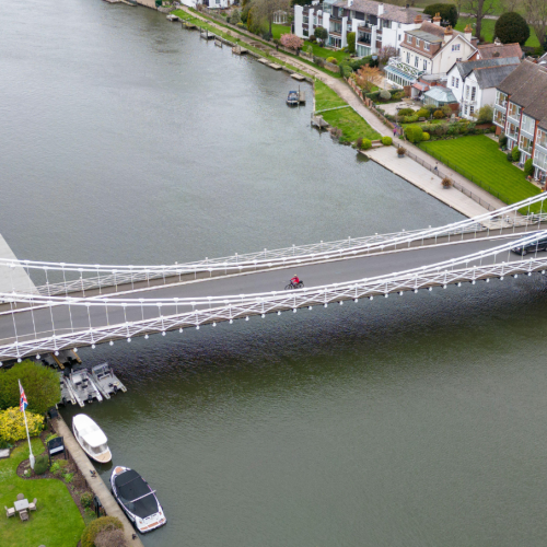 Aerial view of Marlow Suspension Bridge on the River Thames, Marlow, Buckinghamshire. UK.